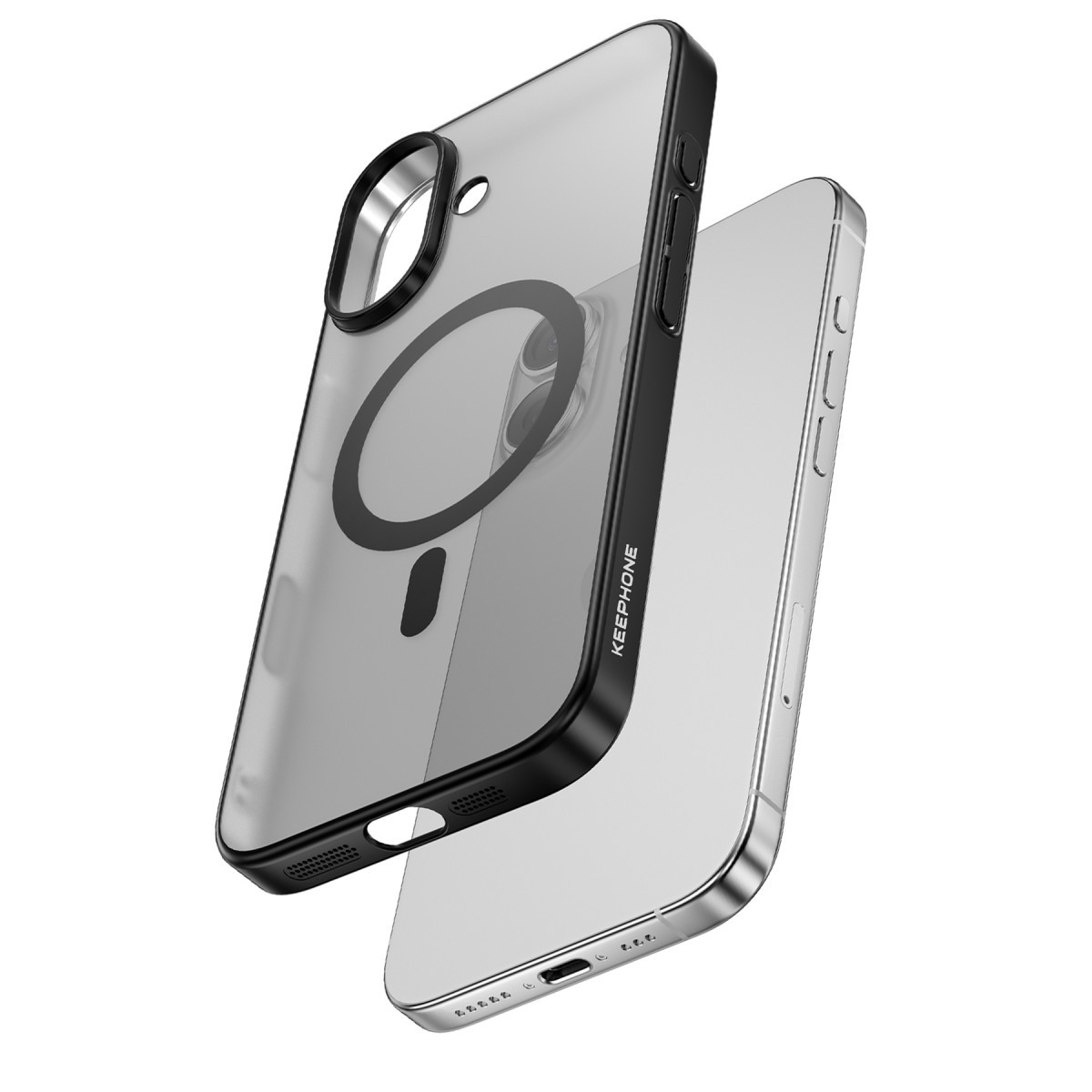 Siyah çerçeveli ve MagSafe halkalı şeffaf telefon kılıfı, gümüş renkli bir akıllı telefonun üzerinde süzülüyor.
