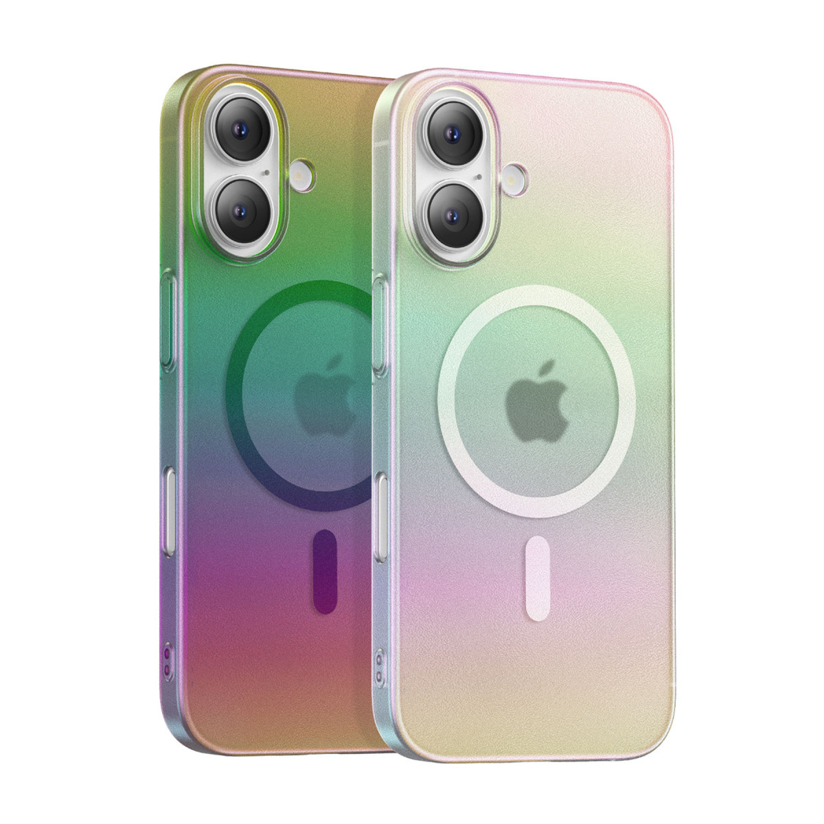 Beyaz arka planda MagSafe ve çift kameralı, renkli geçişli kılıflarda iki iPhone.
