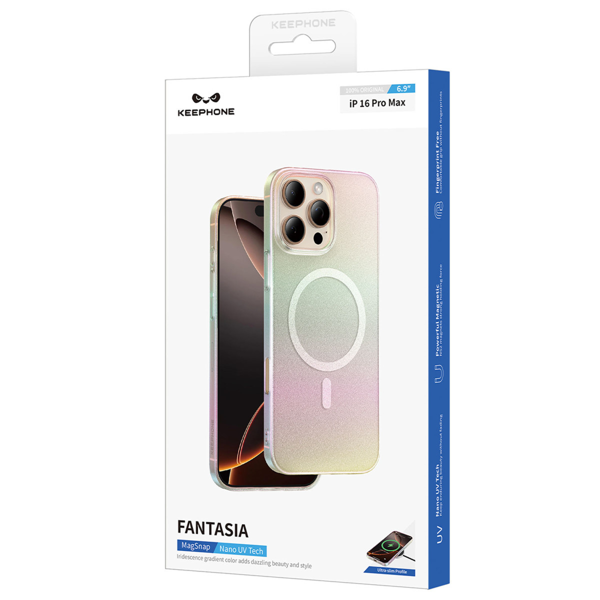 Magsafe halkalı parıltılı, geçişli renklere sahip telefon kılıfını gösteren iPhone 16 Pro Max ambalajı.