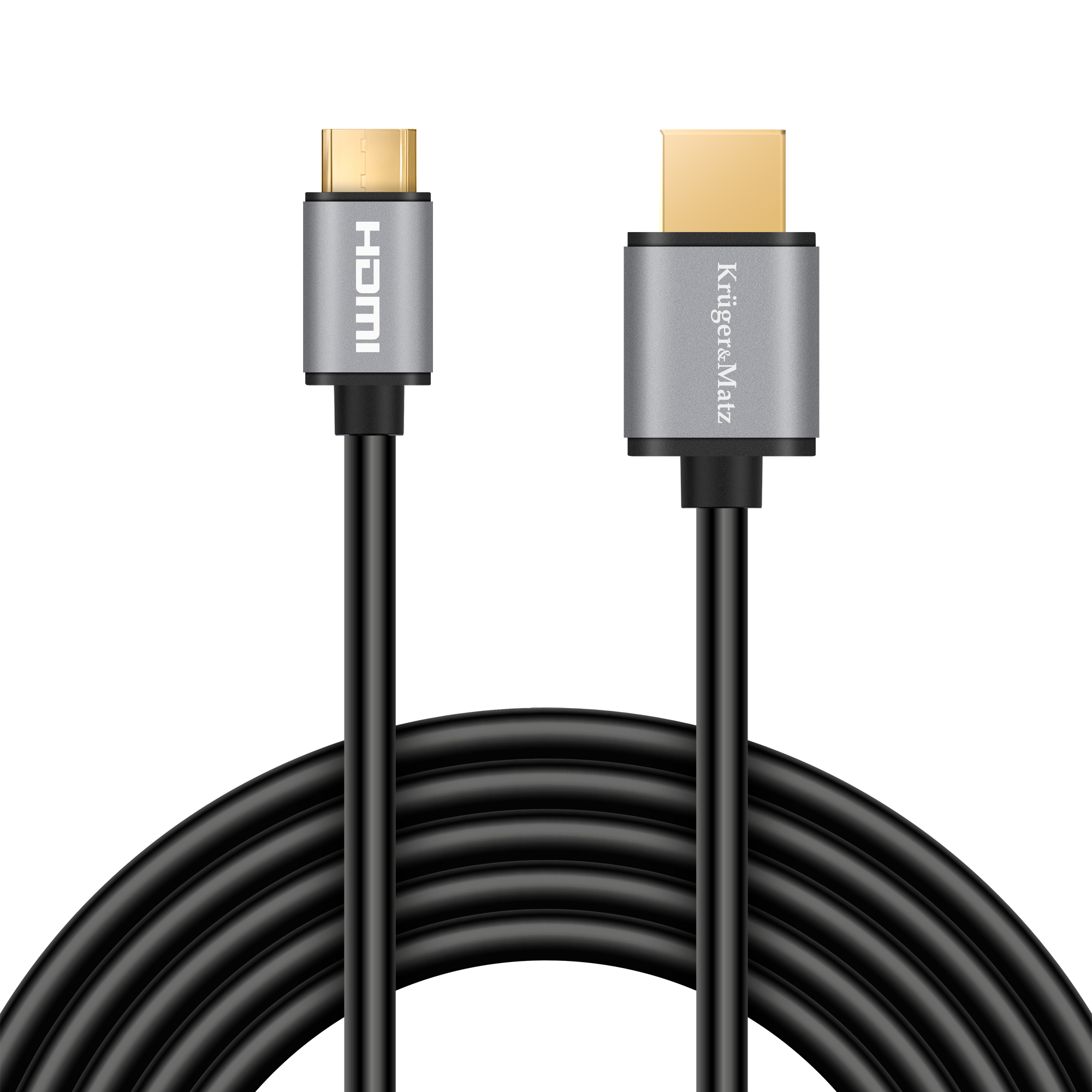 Czarny kabel HDMI ze złotymi złączami na czarnym tle.