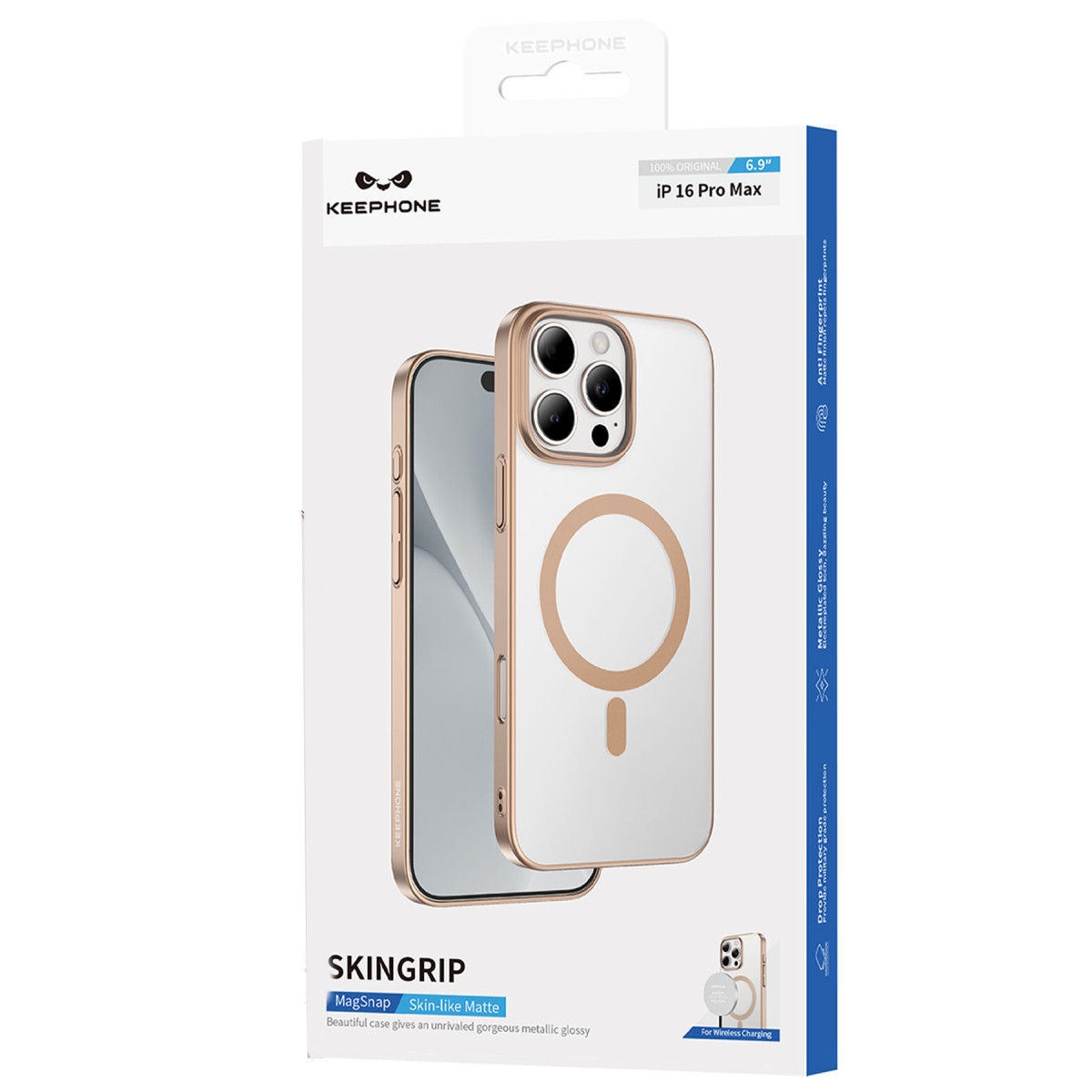 MagSafe halkalı pembe altın rengi iPhone 16 Pro Max kılıfının ambalajı.