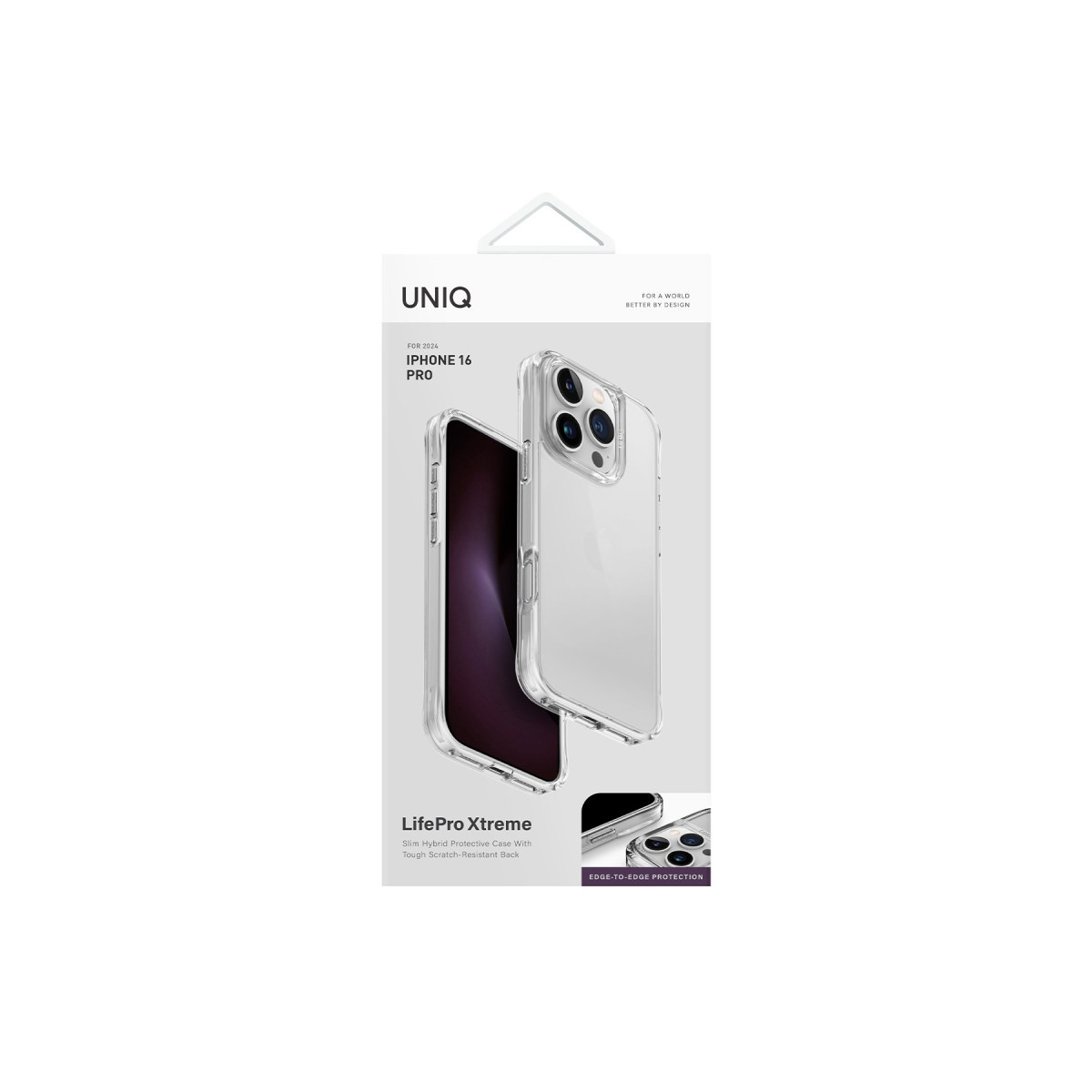 Şeffaf iPhone 16 Pro kılıfı için marka logolu ve ürün görselli ambalaj.