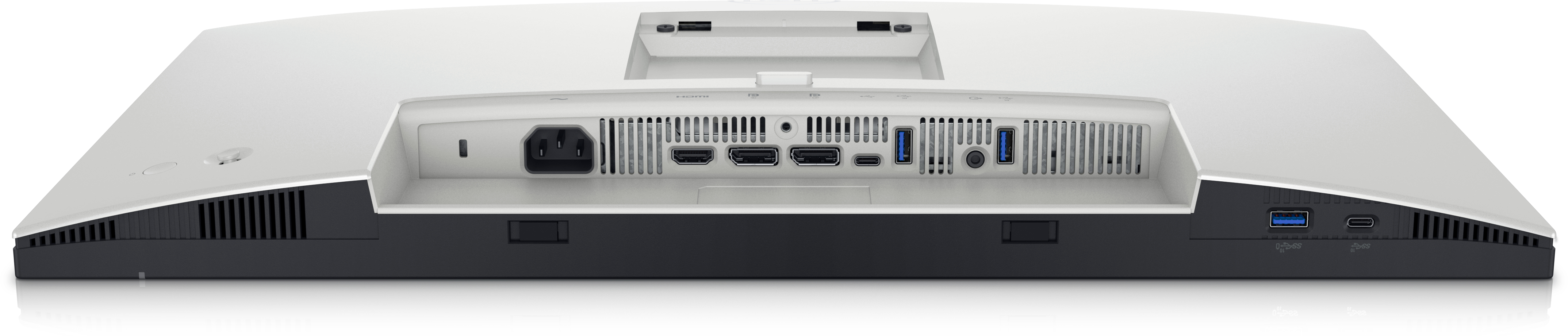 Widok z tyłu monitora z portami HDMI, USB i zasilaniem, w obudowie z białego i czarnego tworzywa sztucznego.