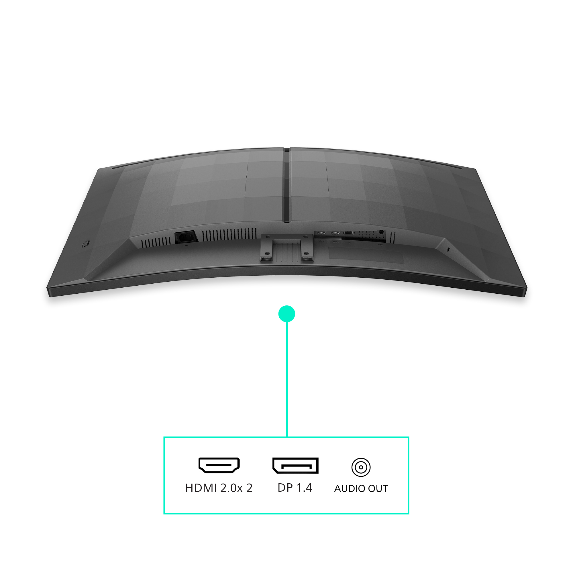 Achterkant van een gebogen monitor met HDMI-, DP- en audiopoorten.