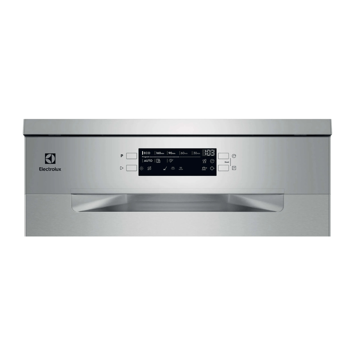 Edelstahl-Geschirrspülerblende mit digitalem Display und Electrolux-Logo links.