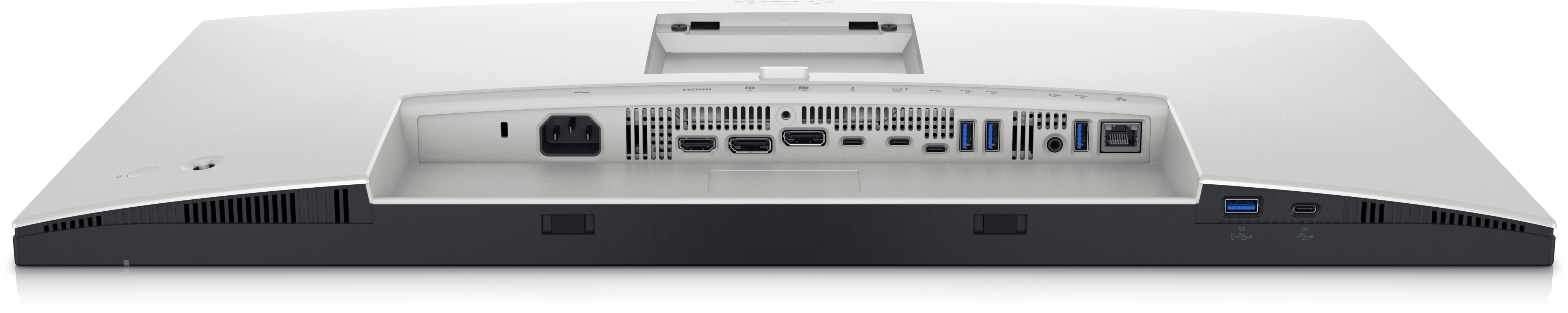 Vista posteriore di un monitor bianco con varie porte tra cui HDMI, USB ed Ethernet in un pannello incassato.