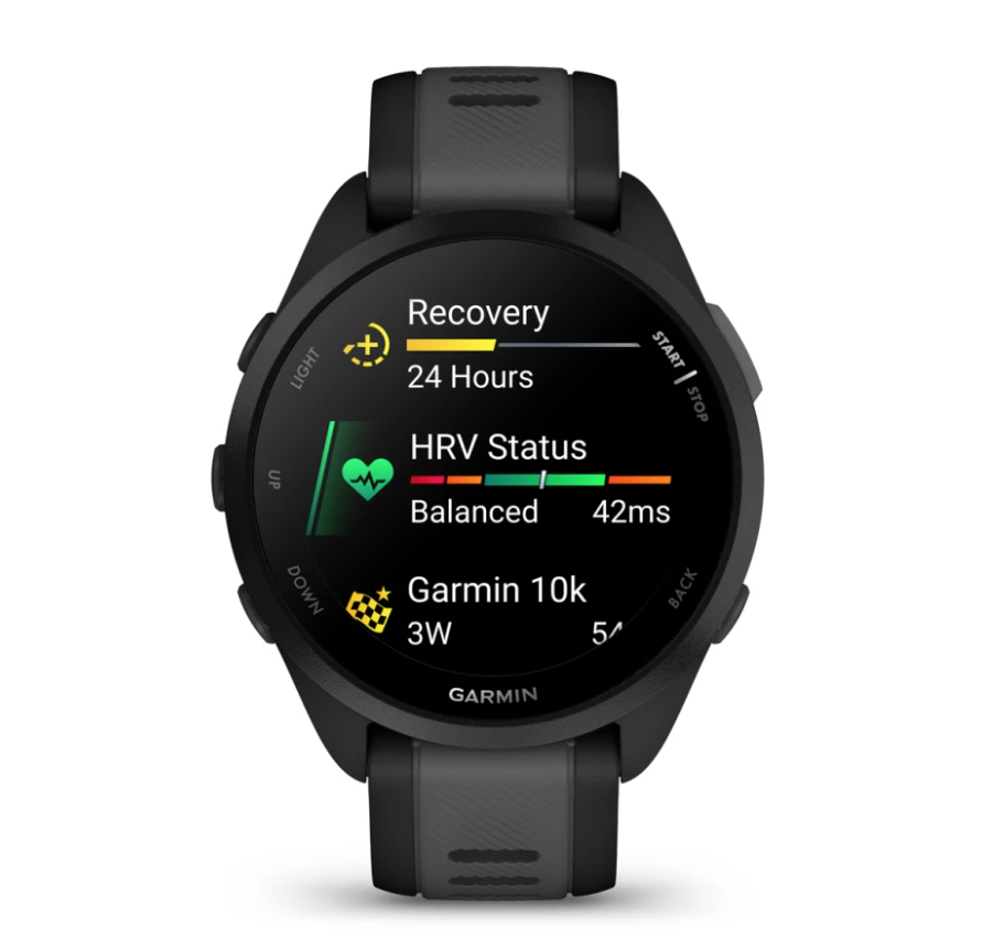 Eine schwarze Garmin-Sportuhr, die Gesundheitswerte, Erholungszeit und HRV-Status anzeigt.