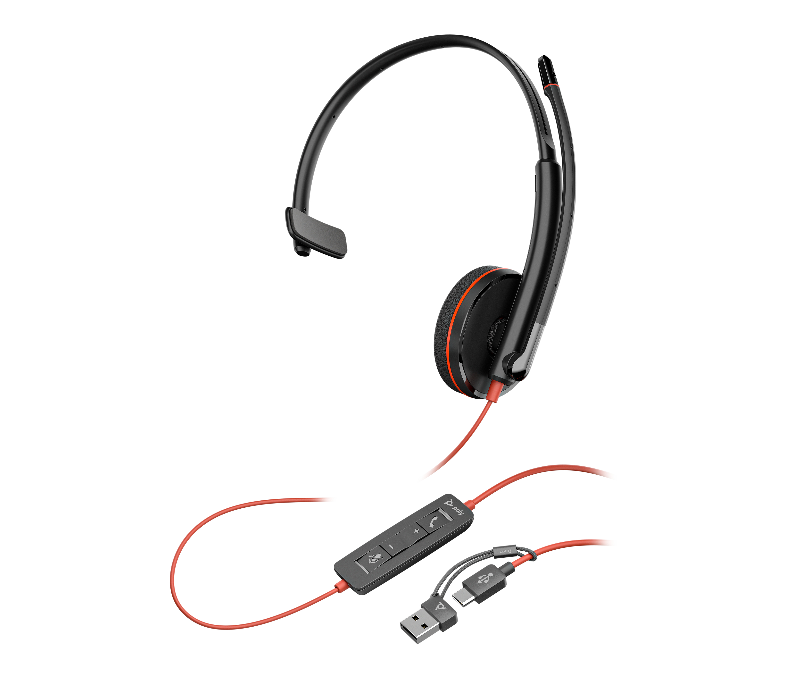 Auricular monoaural negro con acento rojo, control en línea y conectores USB-A/C sobre fondo blanco.