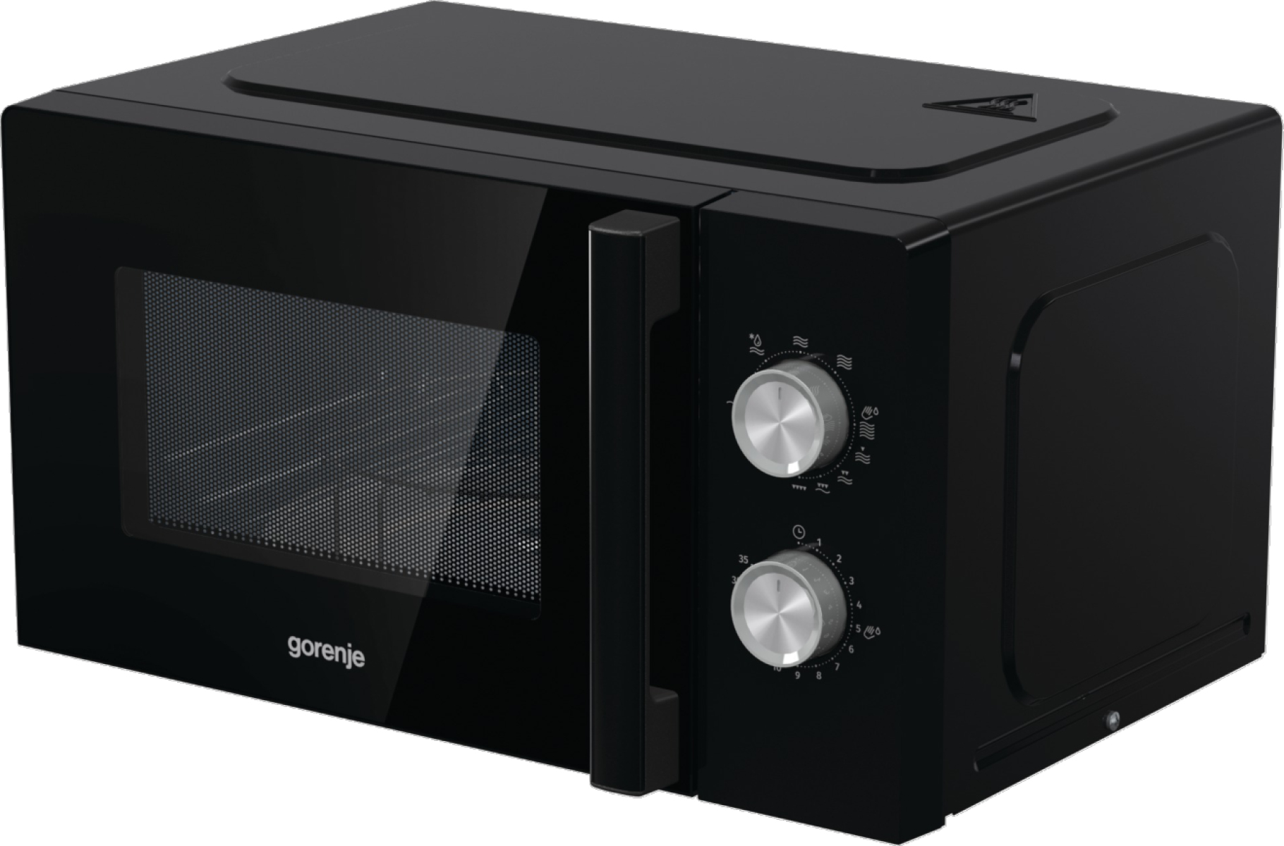 Un microondas Gorenje negro con tirador vertical y dos mandos plateados sobre fondo liso.