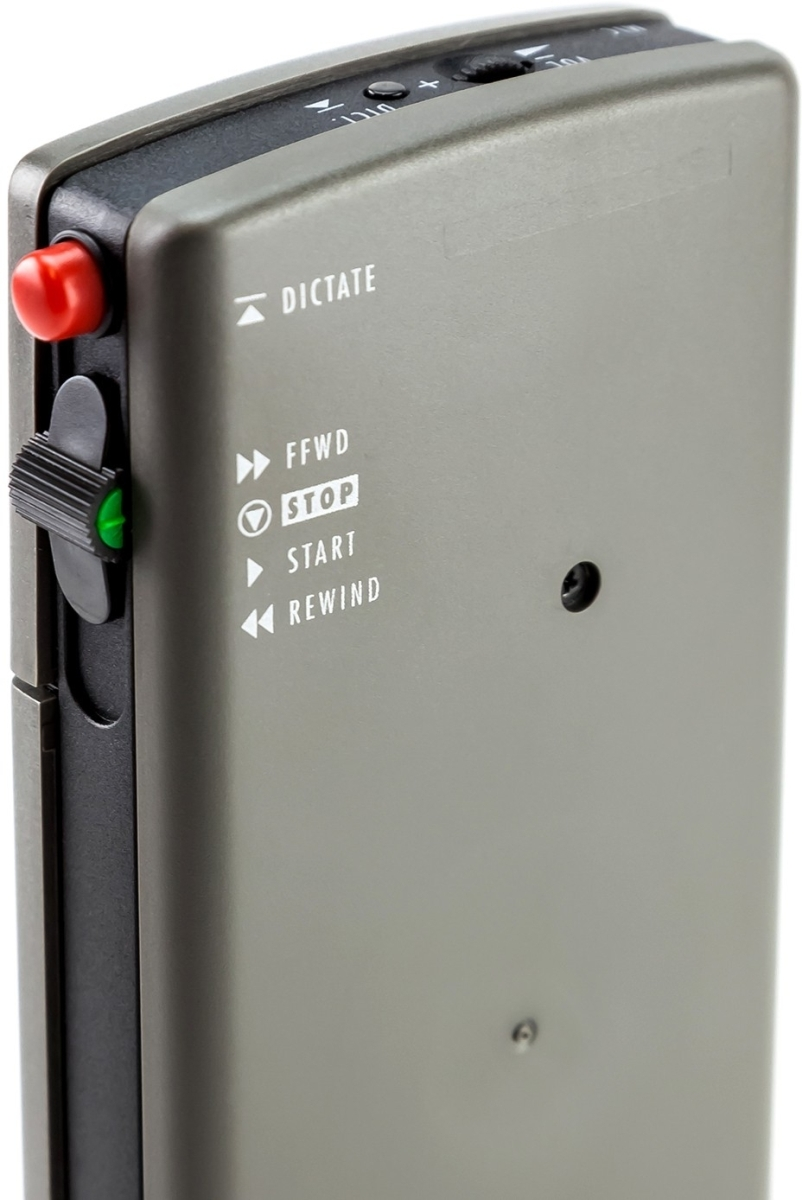Registratore vocale grigio con pulsanti rossi e verdi e icone di controllo.