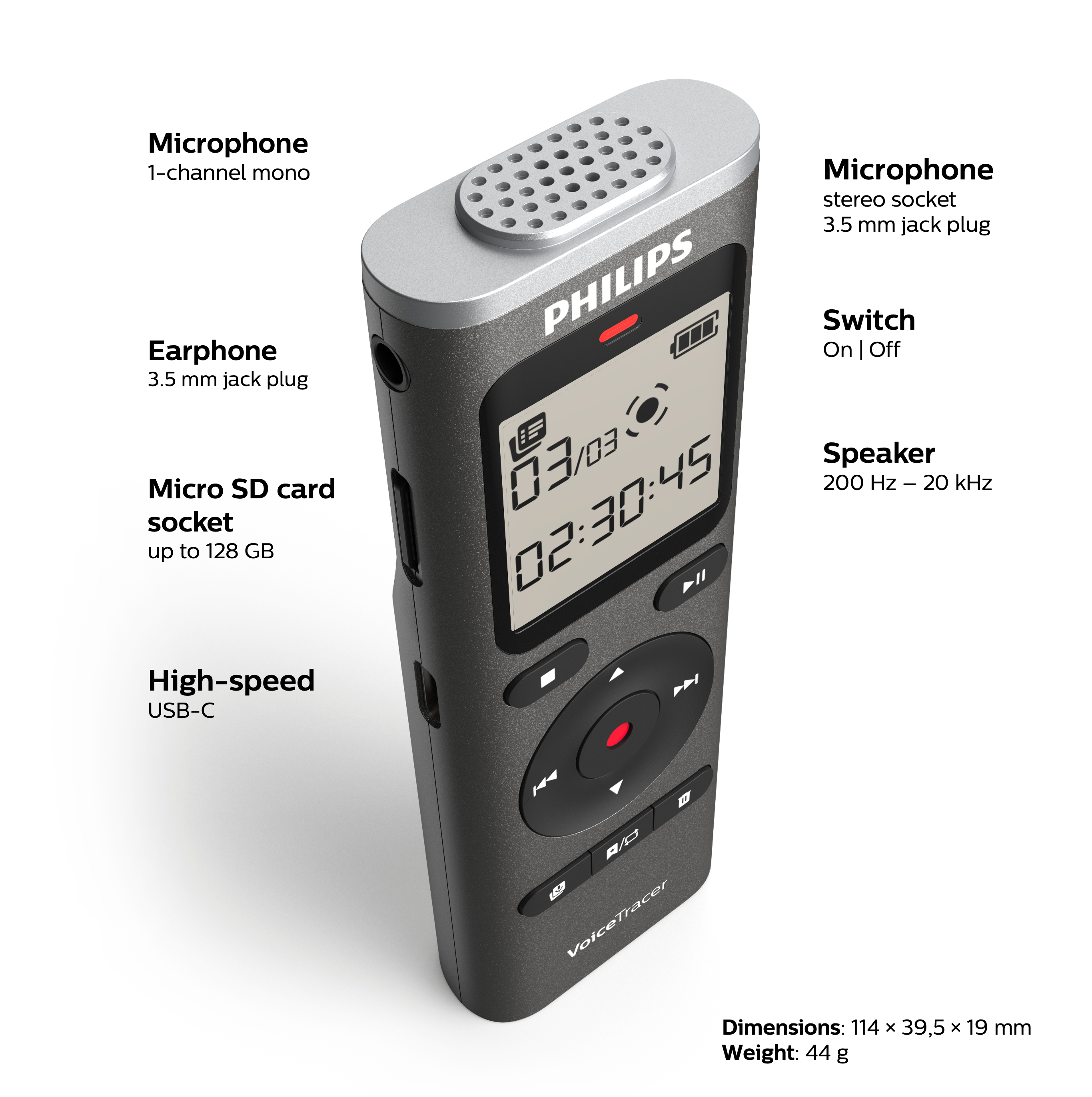 Registratore vocale Philips VoiceTracer grigio con etichette per pulsanti, porte e dimensioni su sfondo bianco.