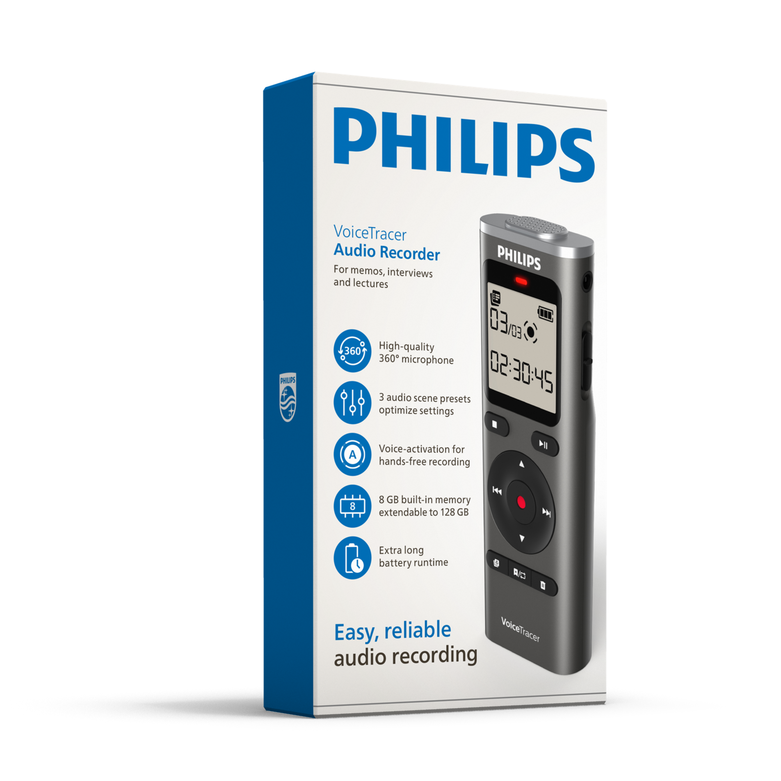 Confezione di un registratore audio Philips VoiceTracer grigio con dettagli blu e icone delle funzioni.