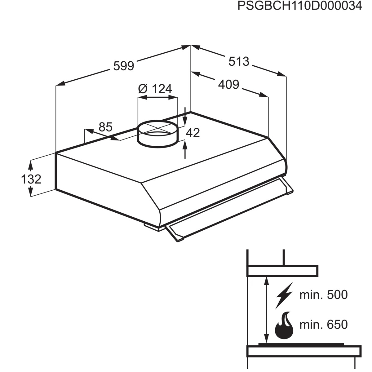 Dibujo técnico de una campana extractora con dimensiones y requisitos de espacio en milímetros.