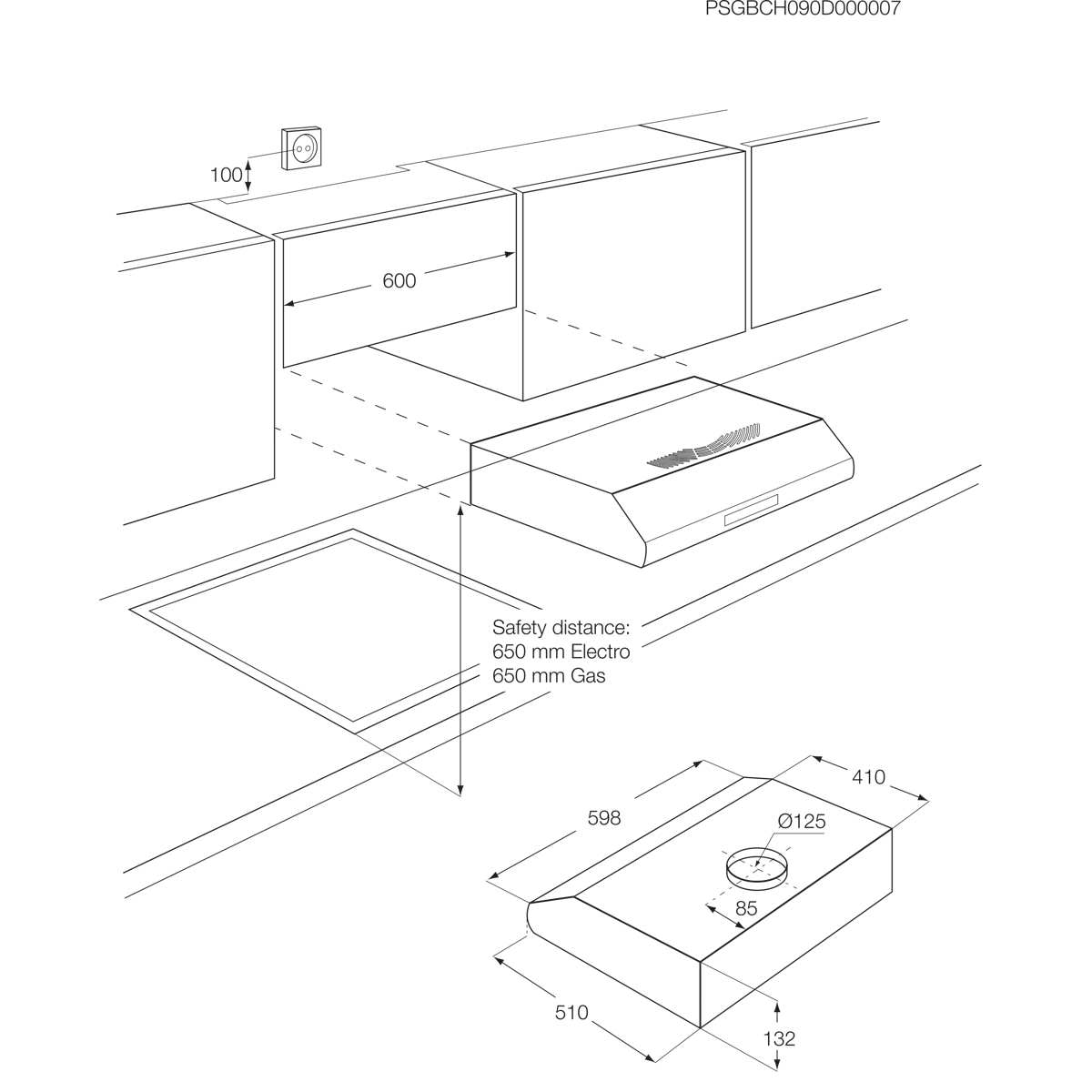 Esquema técnico que muestra dimensiones, distancias de seguridad y medidas para instalar una campana extractora.