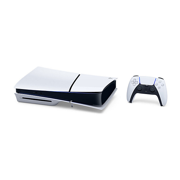 Eine weiße PlayStation 5 Konsole mit Disklaufwerk und ein passender weißer DualSense Wireless-Controller auf weißem Hintergrund.