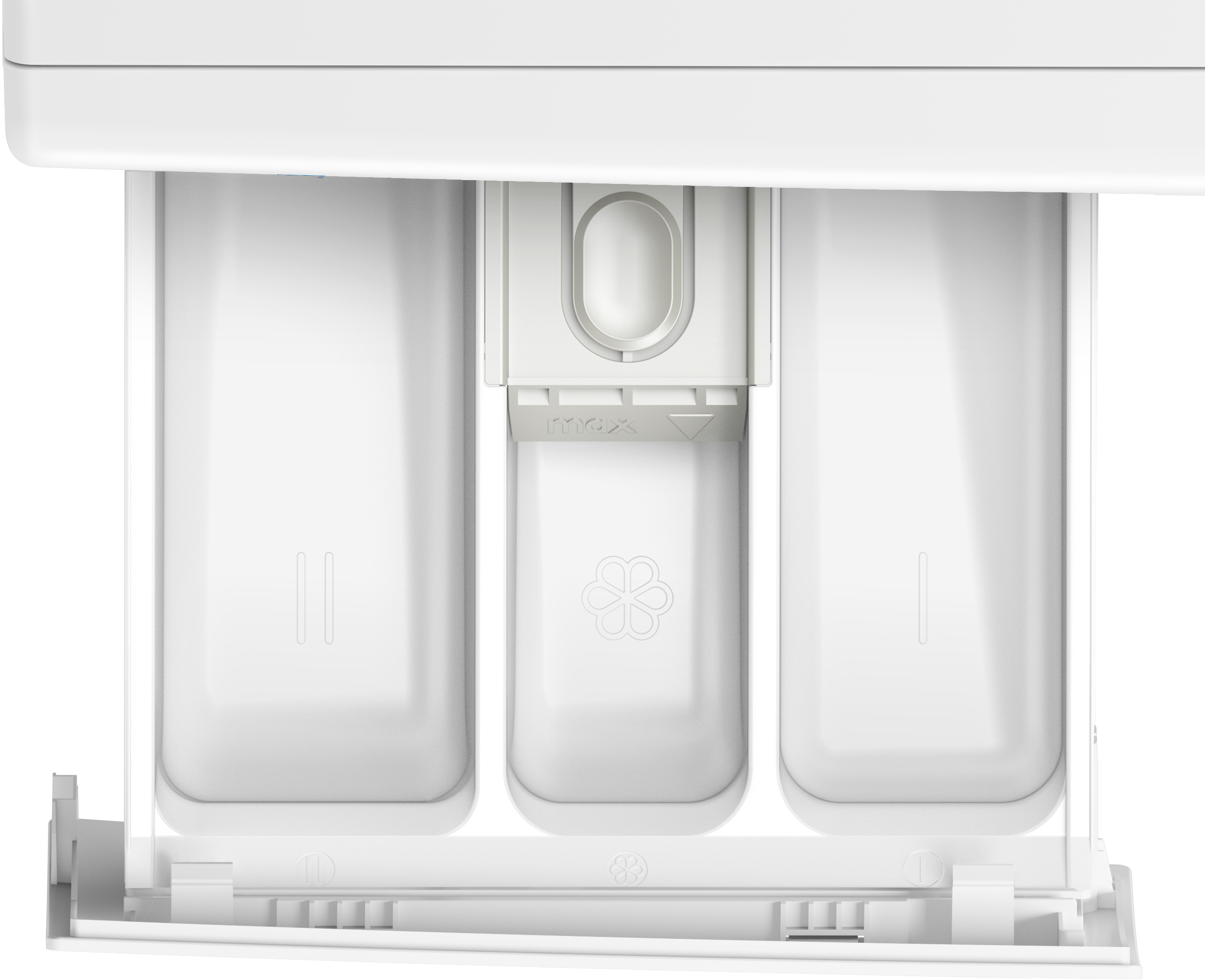 Un cassetto per detersivo della lavatrice aperto bianco con tre scomparti separati per polvere, liquido e ammorbidente.