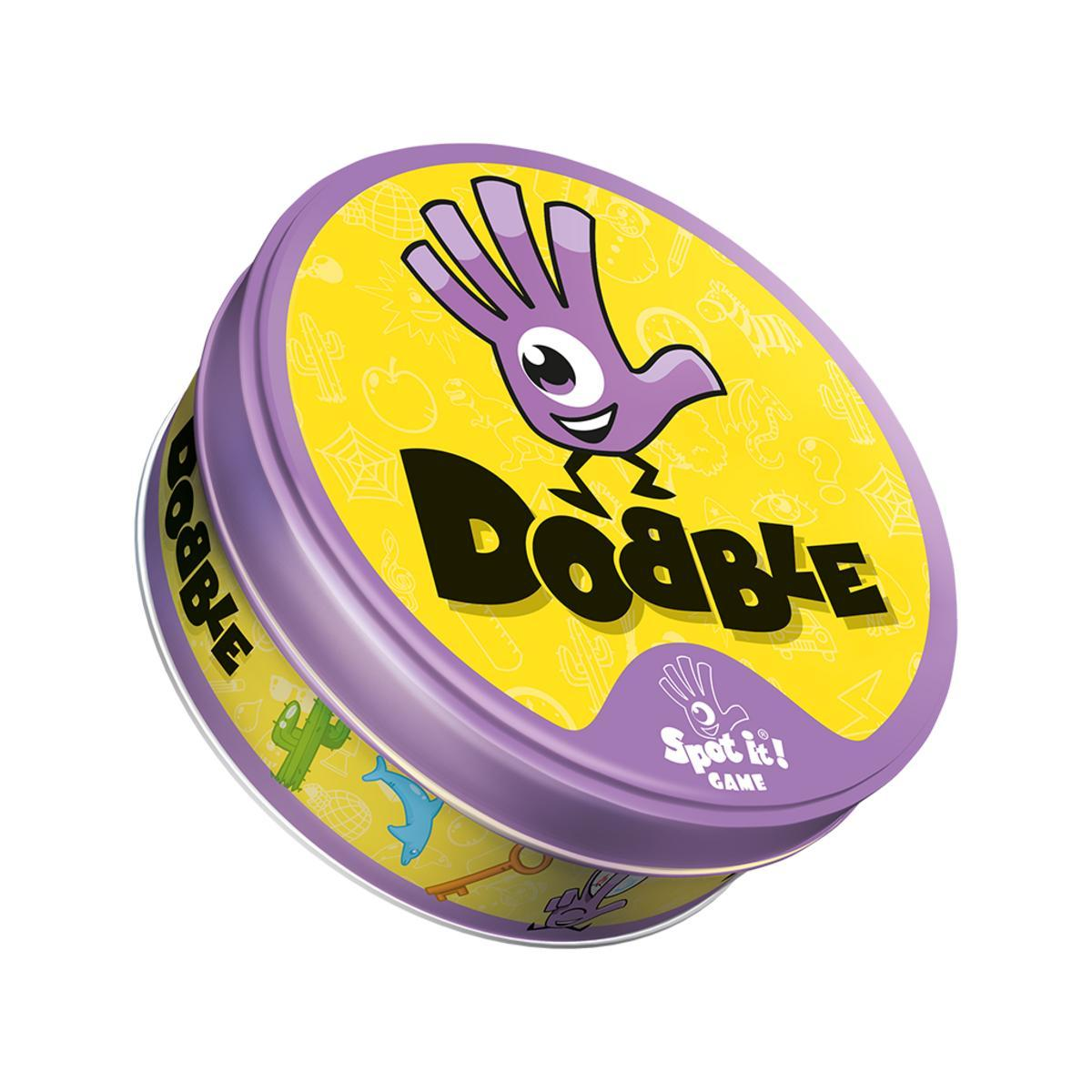 Lata redonda morada y amarilla del juego Dobble, con un personaje de mano morada y el logotipo negro en la tapa.