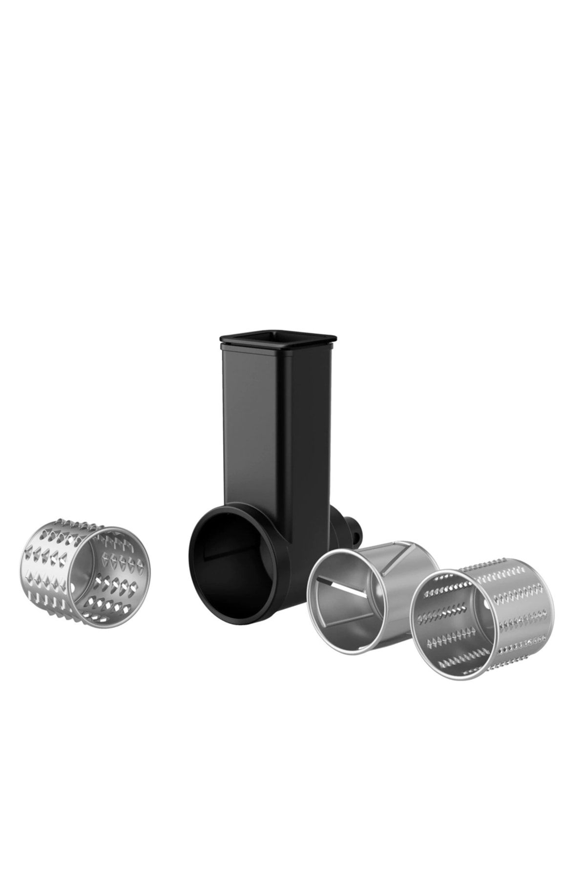 Un accessorio nero con tre diversi inserti per grattugia argentati su sfondo bianco.