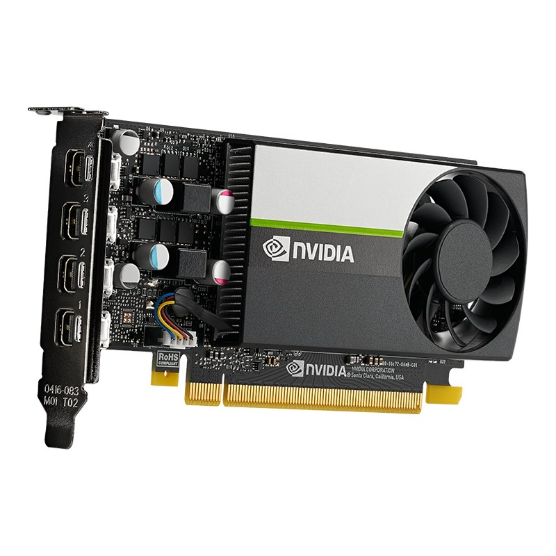 NVIDIA-Grafikkarte mit schwarzem Kühlergehäuse, einem Einzellüfter und vier DisplayPort-Ausgängen.