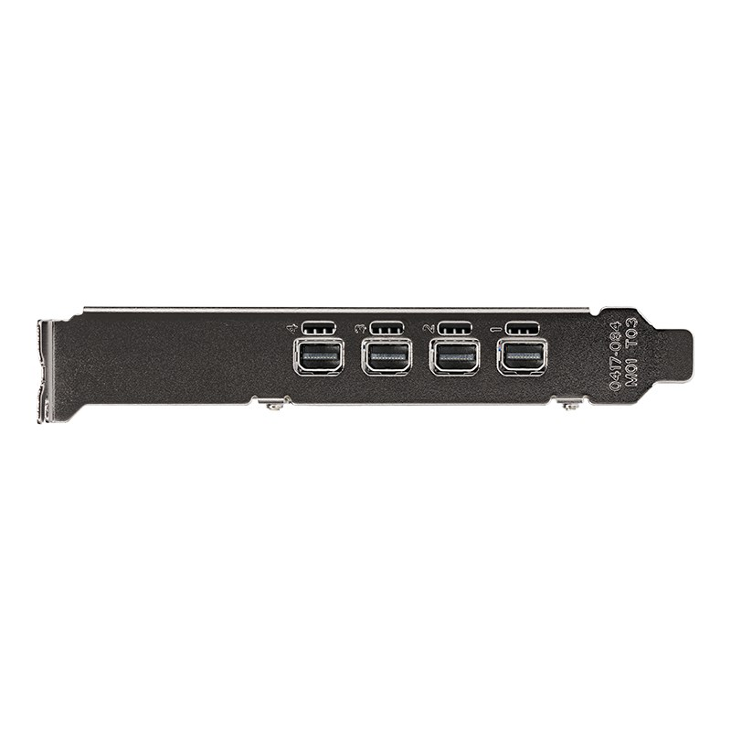 Eine schwarze Computer-Erweiterungskartenblende mit vier USB-C-Anschlüssen und Textmarkierungen.