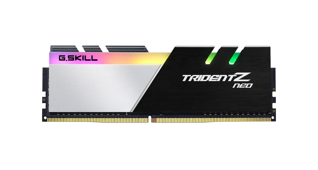Une barrette de RAM G.SKILL Trident Z Neo avec dissipateur argenté et noir, éclairage RVB et broches dorées sur fond blanc.