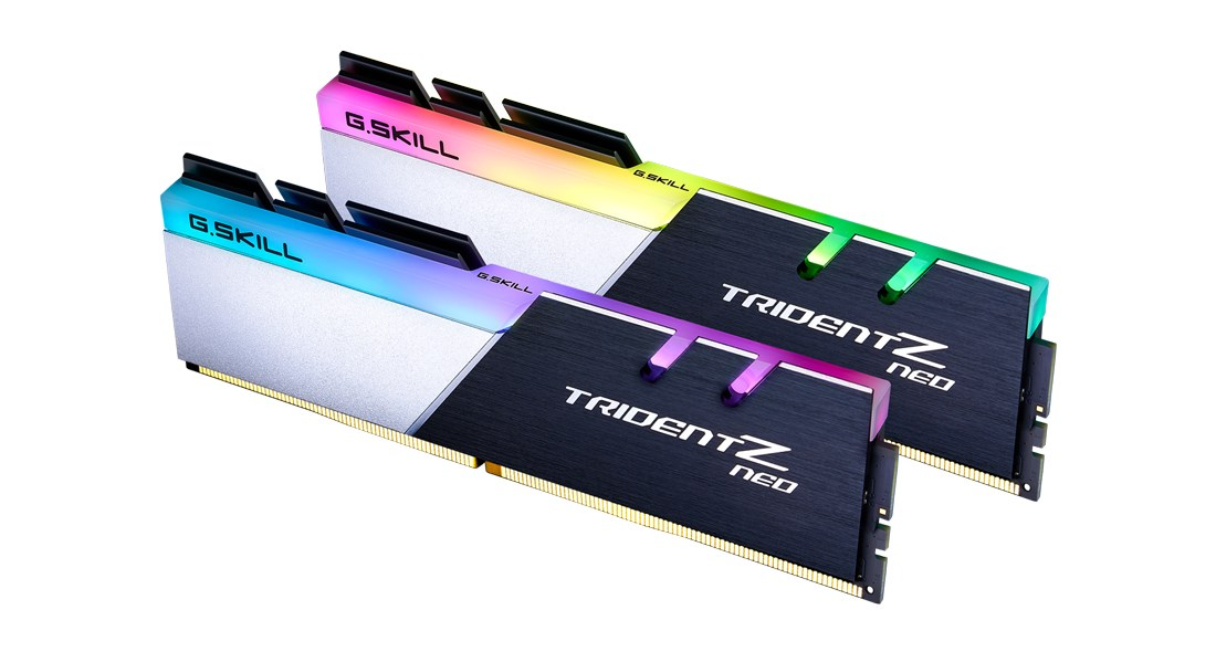 Deux barrettes de RAM G.SKILL Trident Z Neo avec dissipateurs noirs et argentés et éclairage RGB.