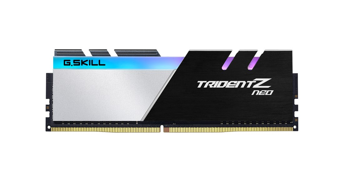 Module de RAM DDR4 G.SKILL Trident Z Neo avec dissipateur argenté et noir et éclairage RGB bleu.