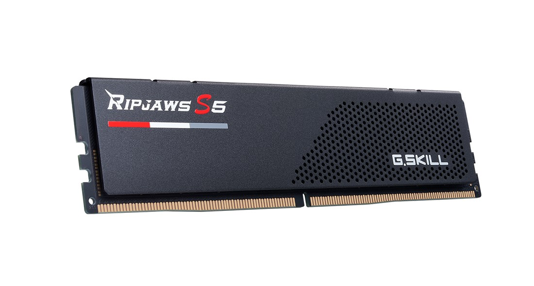 Een zwarte G.SKILL Ripjaws S5 RAM-stick met geperforeerd ontwerp en gouden pinnen op een witte achtergrond.