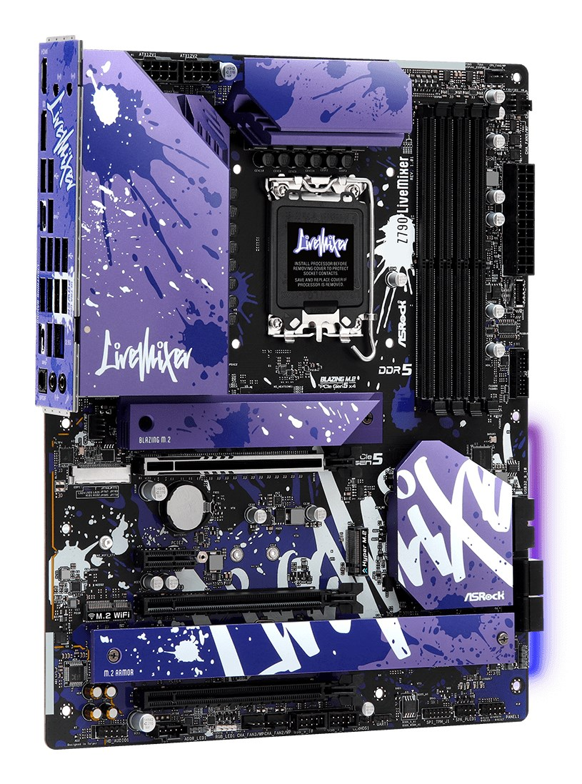 Une carte mère ASRock Z790 LiveMixer violette et noire dotée d'un design frappant d'éclaboussures de peinture.