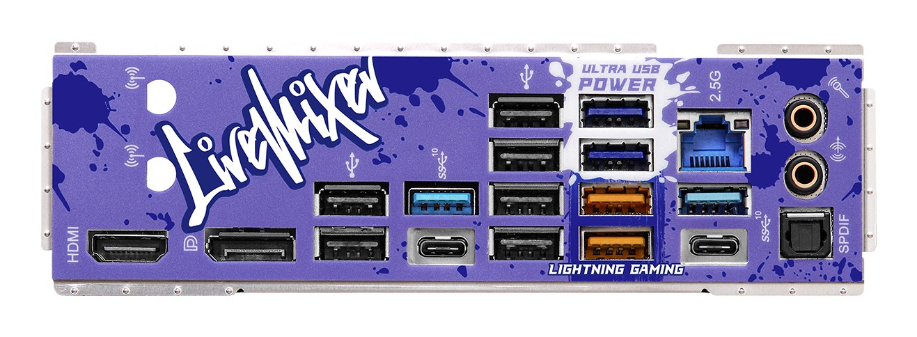 Panneau E/S de carte mère violet avec éléments graphiques, ports USB, HDMI, prises audio et Ethernet.