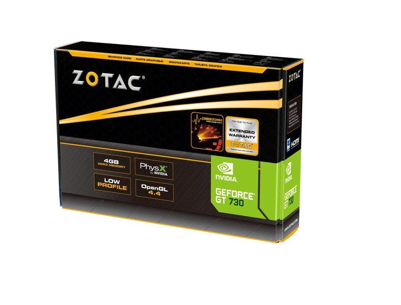 Verpackung der Zotac Geforce GT 730 Grafikkarte mit gelben und grünen Akzenten.