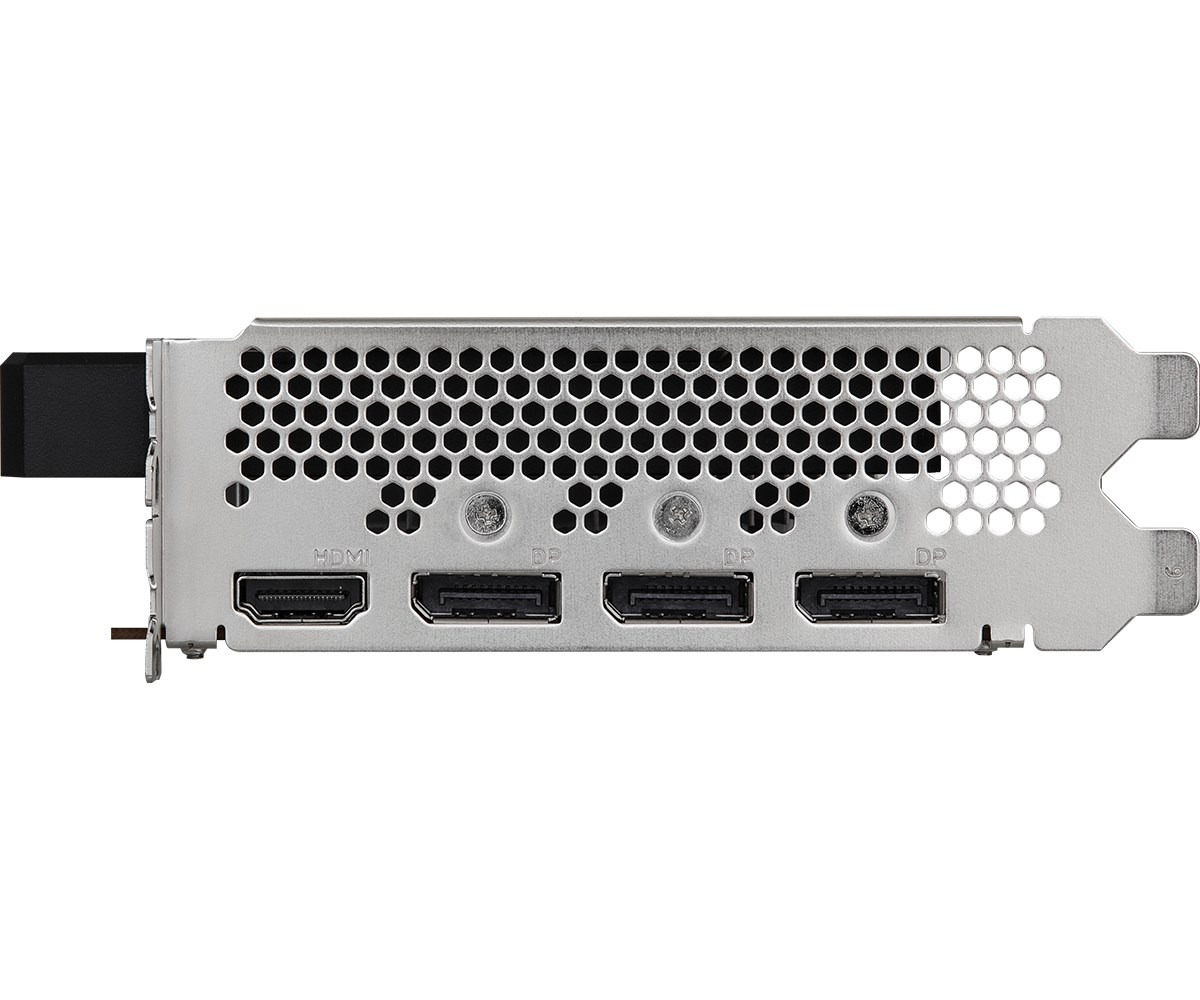 Panneau arrière d'une carte graphique avec un port HDMI, trois connexions DisplayPort et des grilles d'aération.