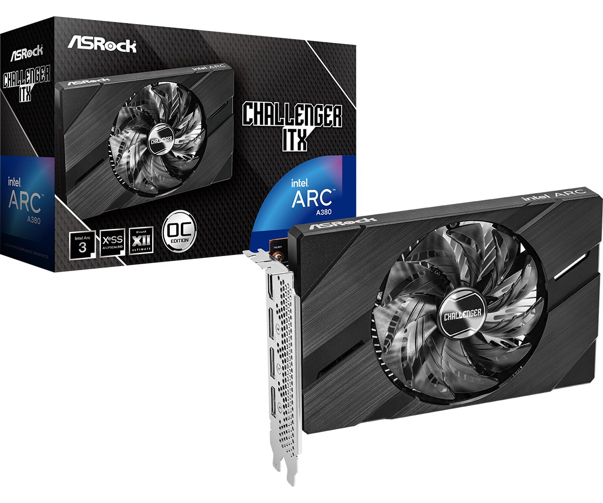Carte graphique ASRock Challenger ITX Intel Arc A380 à ventilateur unique avec sa boîte.