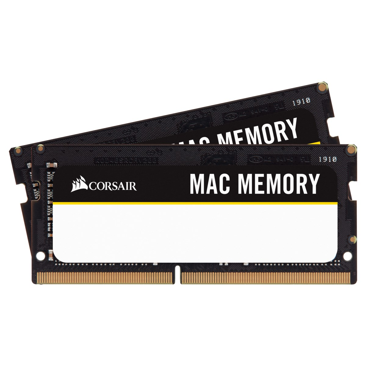 Due moduli RAM Corsair Mac Memory neri con linee gialle su sfondo bianco.