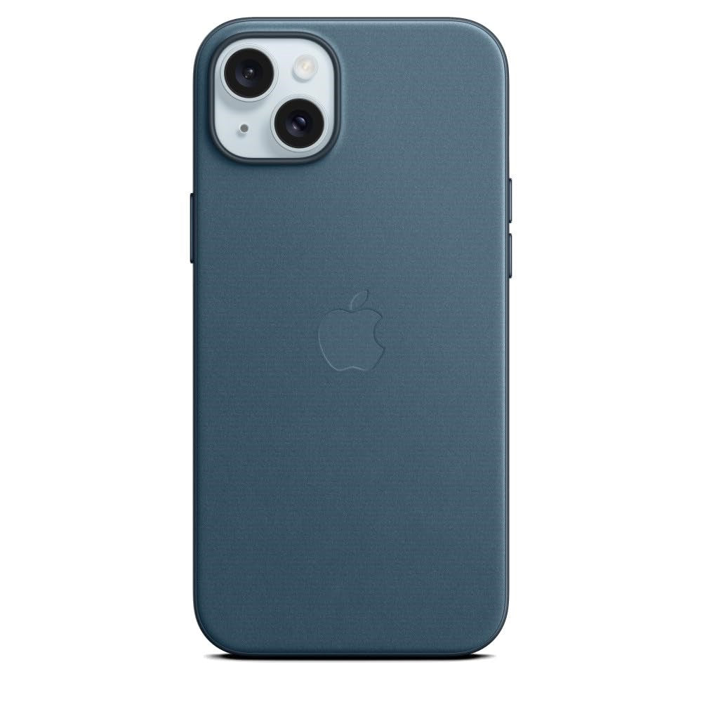 Une coque de smartphone bleue avec le logo Apple au dos et un double appareil photo.