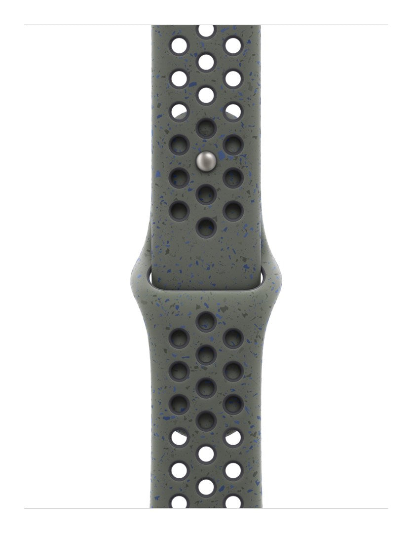 Cinturino sportivo grigio con macchie blu, fori perforati e una chiusura a perno argentata.