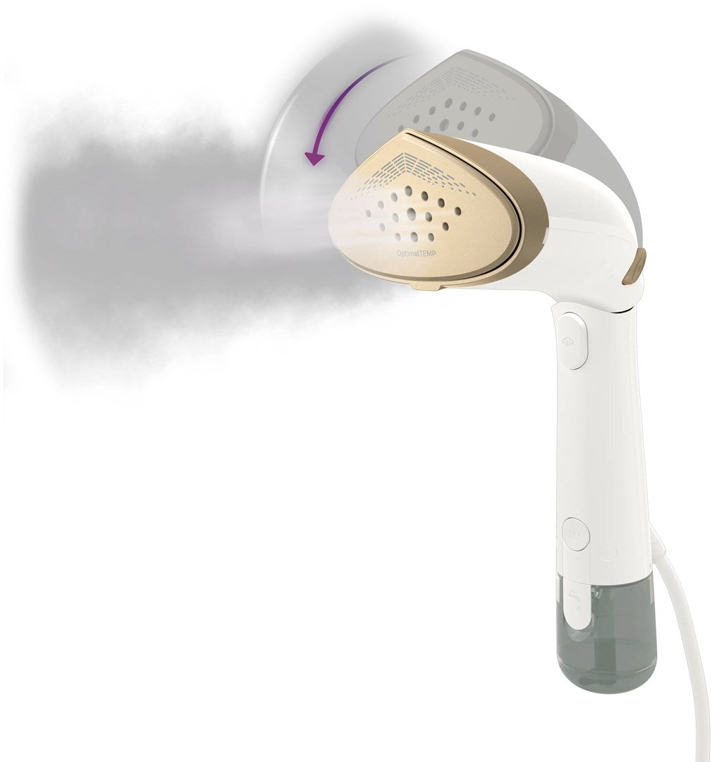 Un vaporizzatore per indumenti portatile bianco e oro che emette vapore, con una freccia di movimento.