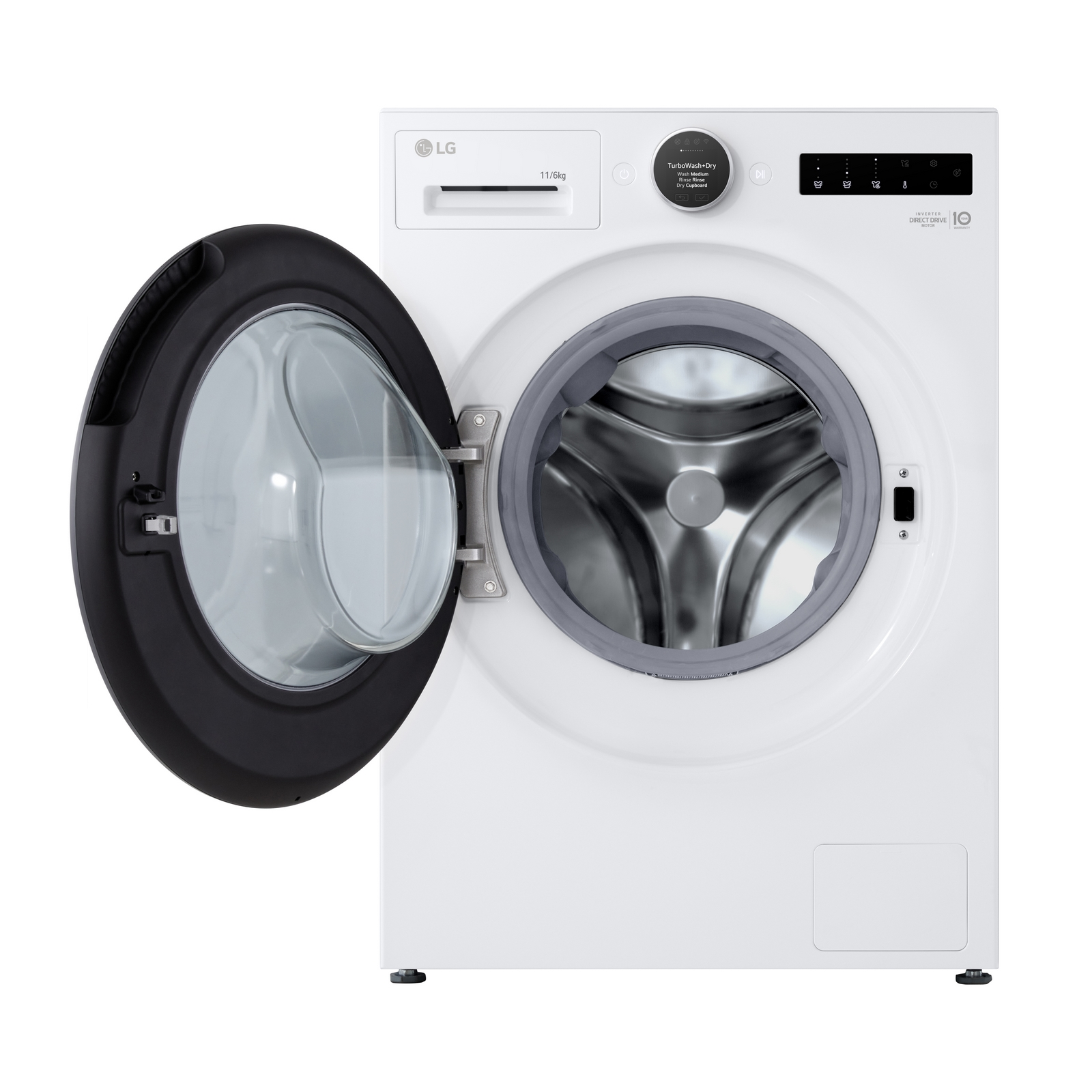 Una lavatrice LG bianca con porta in vetro nero aperta e display digitale su sfondo bianco.