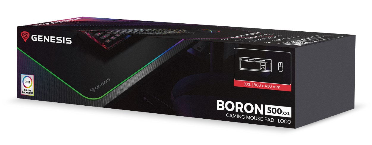 Confezione del tappetino per mouse da gaming Genesis Boron 500 XXL con retroilluminazione RGB su sfondo bianco.