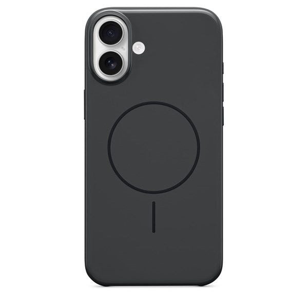 Custodia per smartphone nera con due fotocamere in alto a sinistra e un'icona MagSafe circolare sul retro.