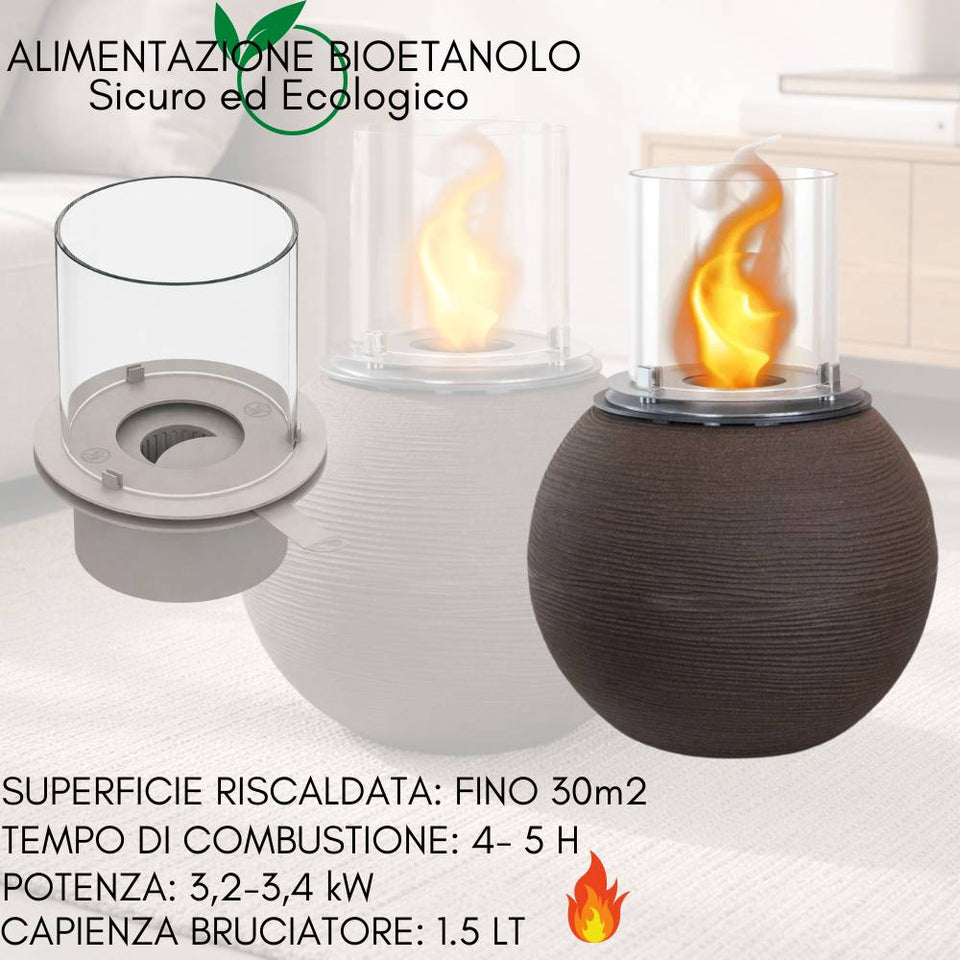 Camino da tavolo a bioetanolo rotondo con schermo in vetro e fiamma, con specifiche.
