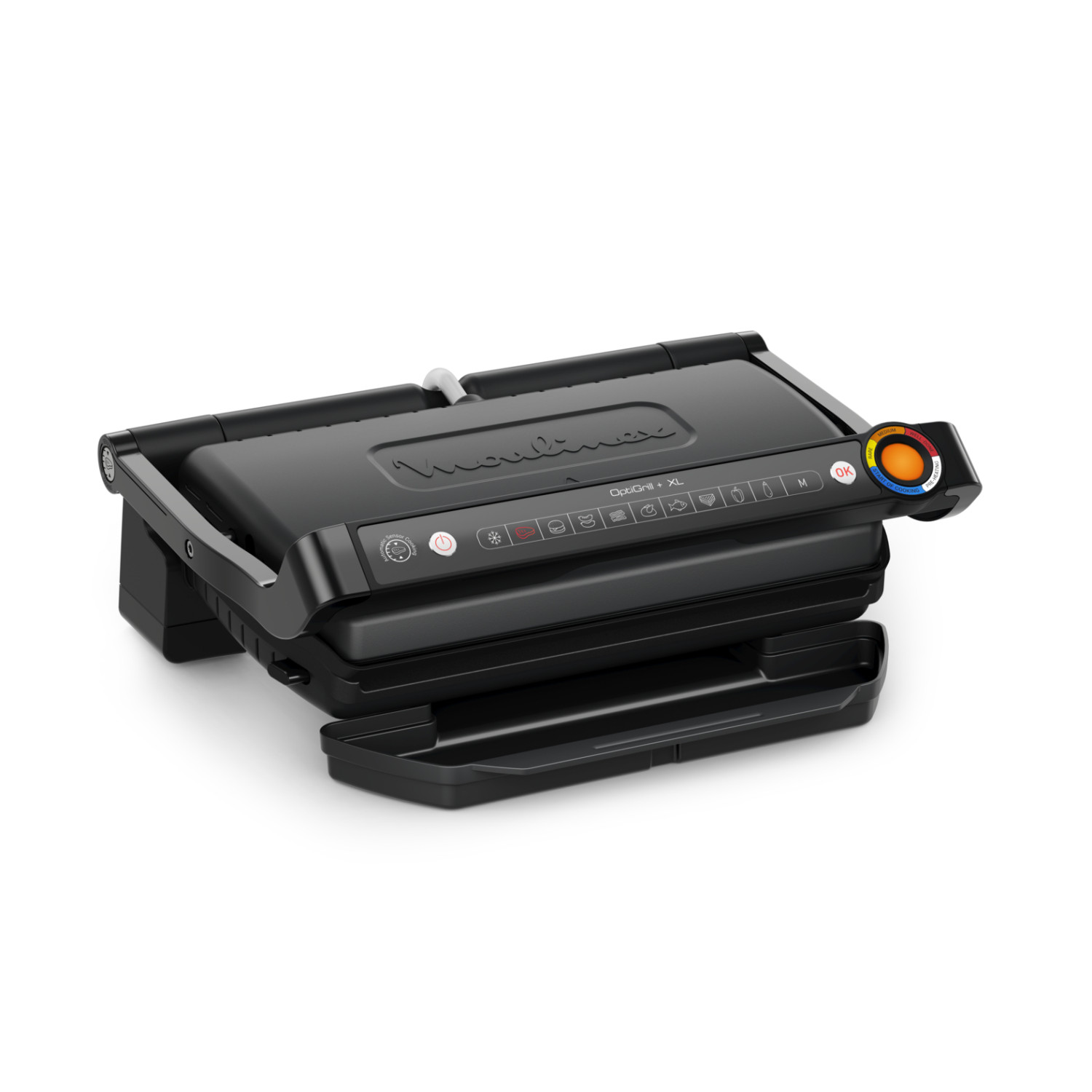 Ein schwarzer elektrischer Grill Moulinex OptiGrill+ XL mit Bedienfeld und Tropfschale auf weißem Hintergrund.