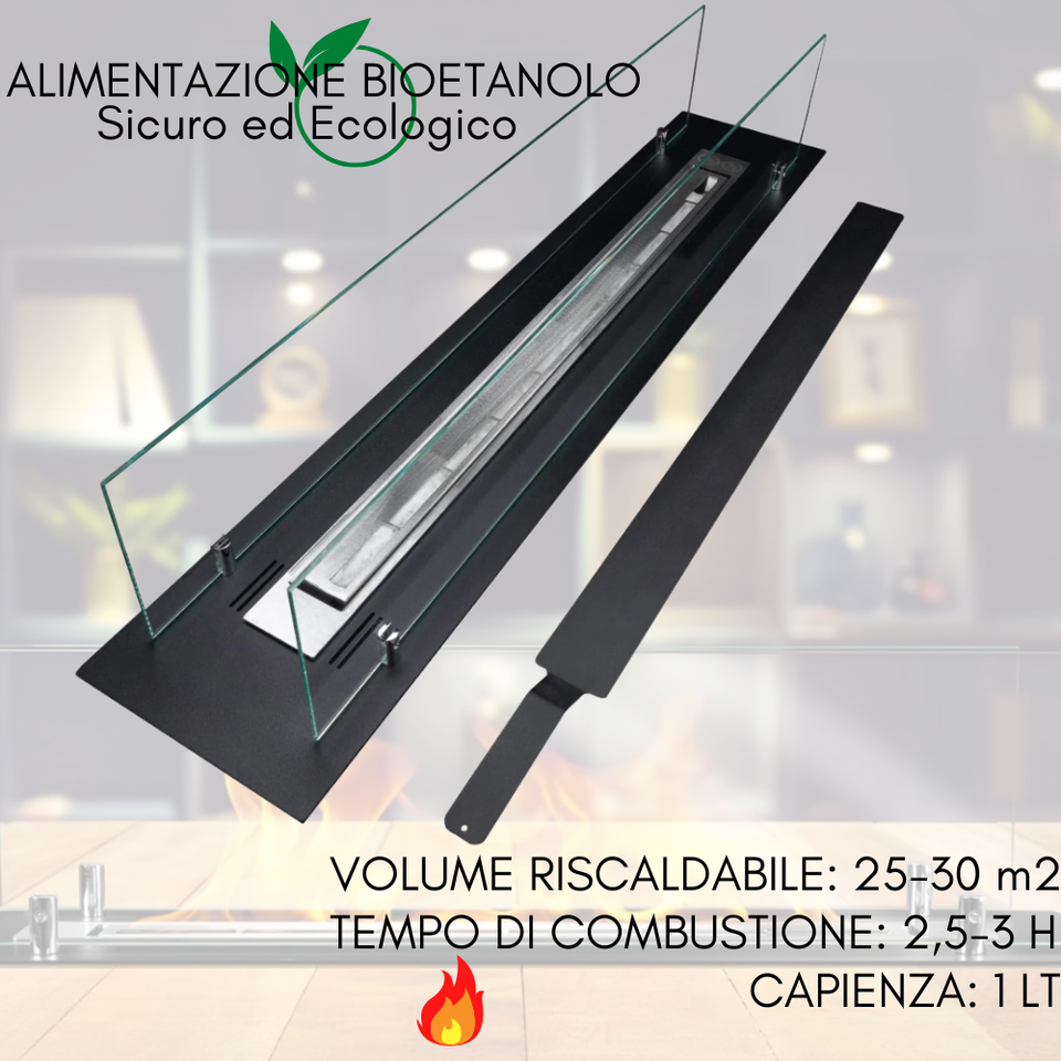Bruciatore a bioetanolo nero con vetri protettivi e testo sulle specifiche.