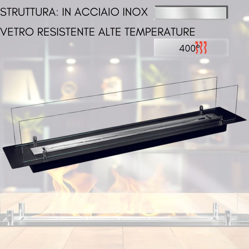 Struttura in acciaio inox con vetro resistente al calore e fiamme.