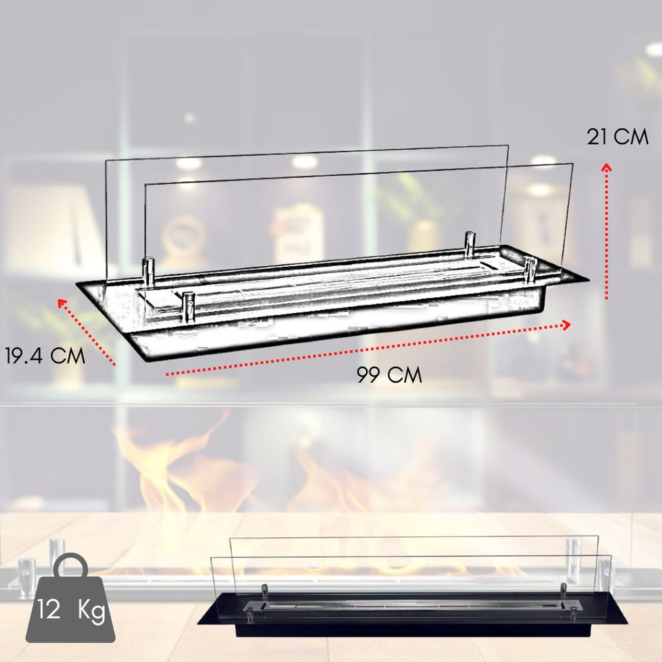 Disegno tecnico di un caminetto nero con dimensioni 99x19,4x21 cm, 12 kg, con fiamme sottostanti.