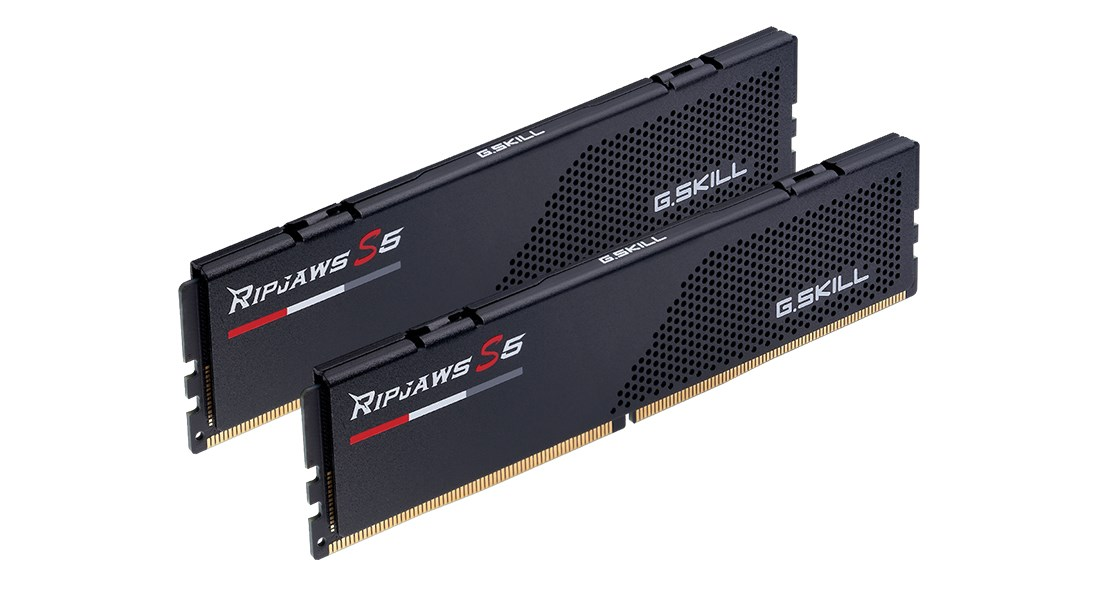 Dos módulos de RAM negros G.Skill Ripjaws S5 con disipadores perforados sobre fondo blanco.