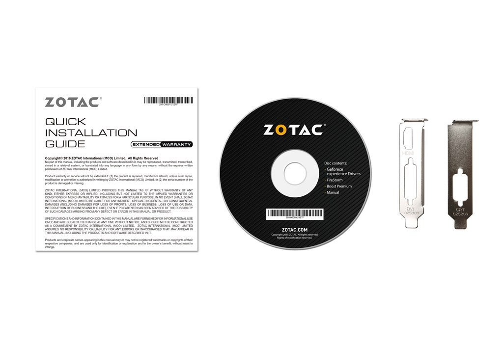 Szybka instrukcja obsługi Zotac, płyta CD ze sterownikami i dwa wsporniki I/O na białym tle.