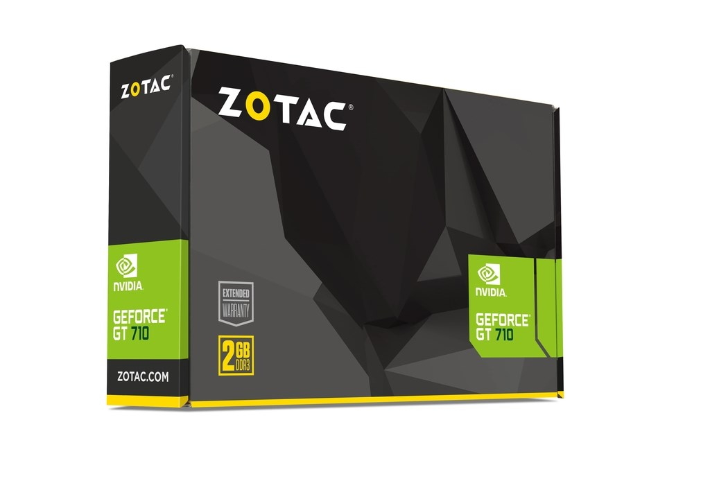 Opakowanie karty graficznej Zotac GeForce GT 710 2GB DDR3 w kolorze czarnym i zielonym na białym tle.