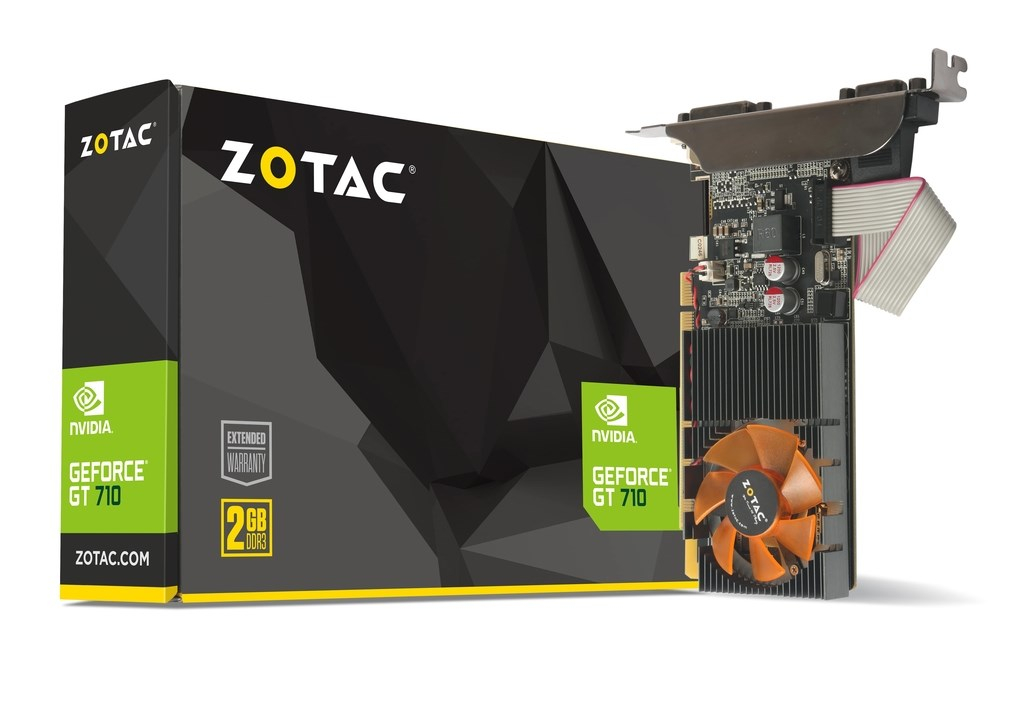Karta graficzna Zotac GeForce GT 710 z opakowaniem na białym tle.