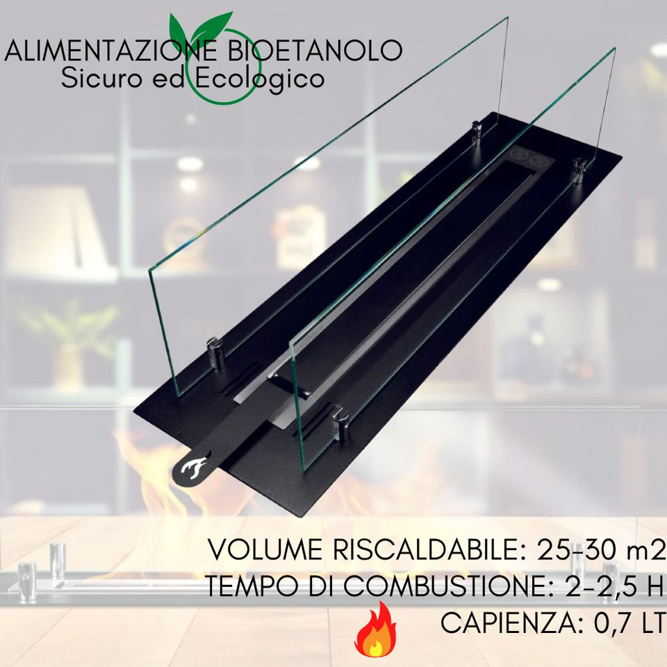 Camino a bioetanolo nero con vetri protettivi e testo su riscaldamento e capacità.